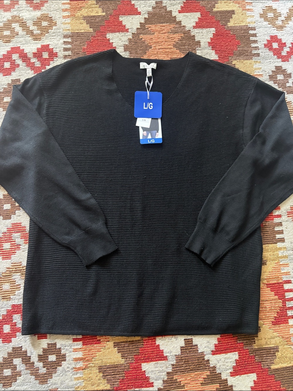 Women’s Black V-Neck Sweater - Classic Rib Texture
